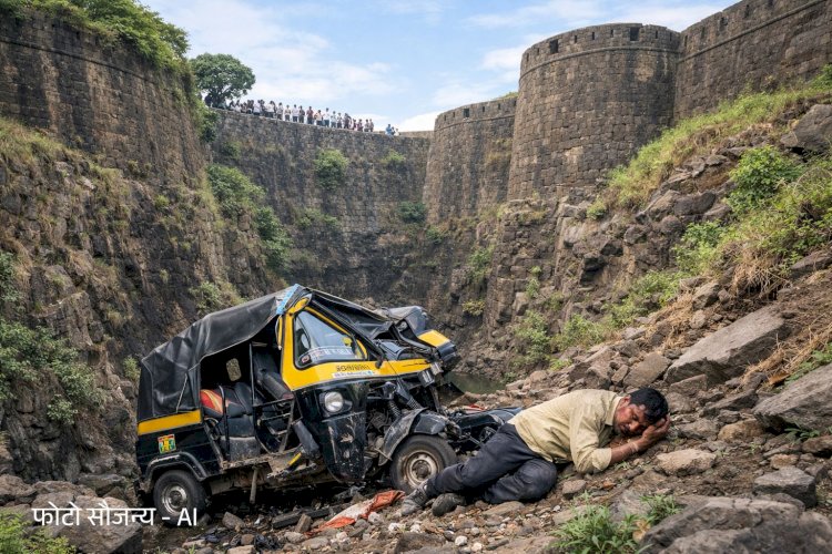 Chakan Accident | खेड तालुक्यातील चाकण येथे संग्रामदुर्ग किल्ल्याच्या खोल खंदकात रिक्षा कोसळली; चालक जखमी